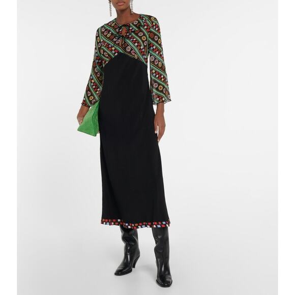 RIXO LONDON Lora Ruffled Printed Chiffon Tie Neck Maxi Dress Size Large - Picture 1 of 14